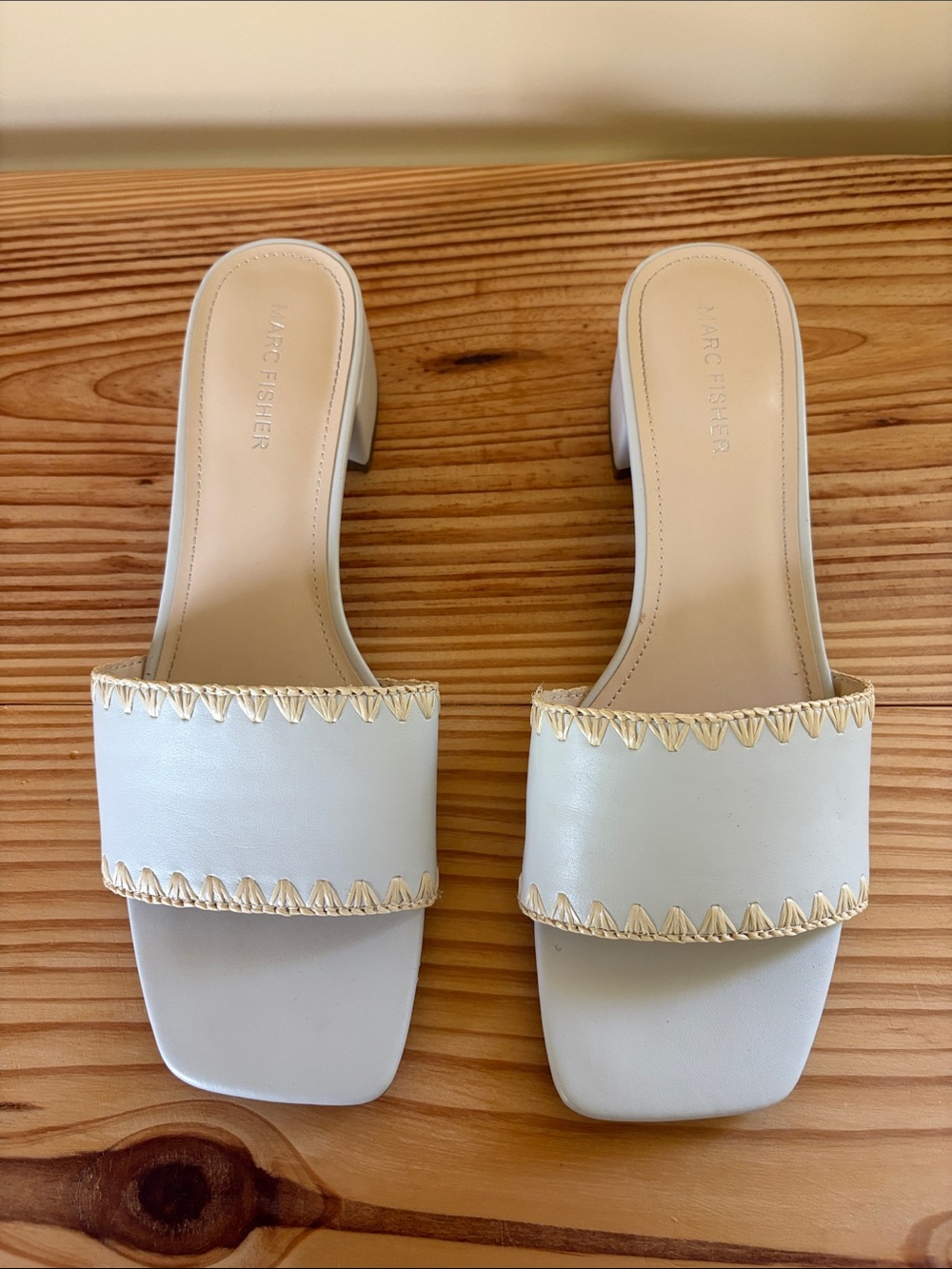 Marc Fisher Cream Leather Slide Mules with Contrast Stitching